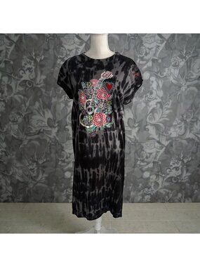 DISNEY Coco Gray Guitar Floral Tie Dye Midi Short Sleeve Dress Size Medium